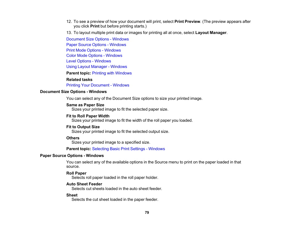 Document size options - windows, Paper source options - windows | Epson SureColor T3170x 24" Desktop Printer User Manual | Page 79 / 216