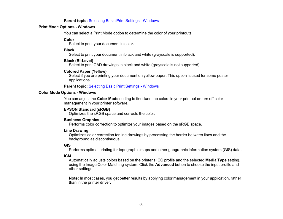 Print mode options - windows, Color mode options - windows | Epson SureColor T3170x 24" Desktop Printer User Manual | Page 80 / 216