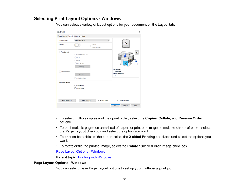 Selecting print layout options - windows | Epson SureColor T3170x 24" Desktop Printer User Manual | Page 88 / 216