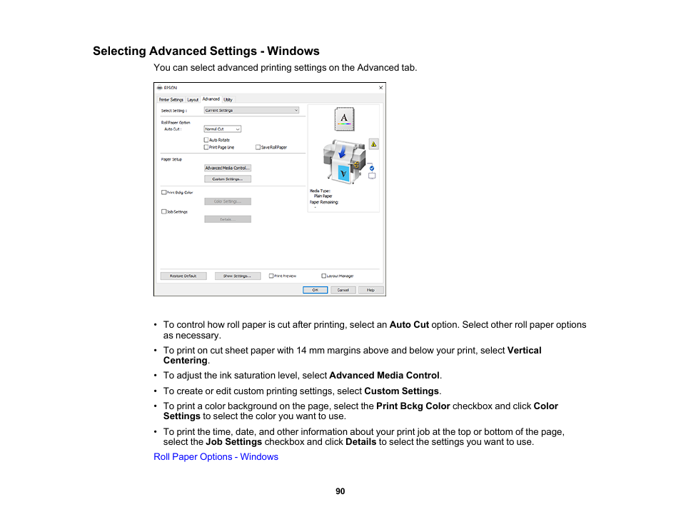 Selecting advanced settings - windows | Epson SureColor T3170x 24" Desktop Printer User Manual | Page 90 / 216