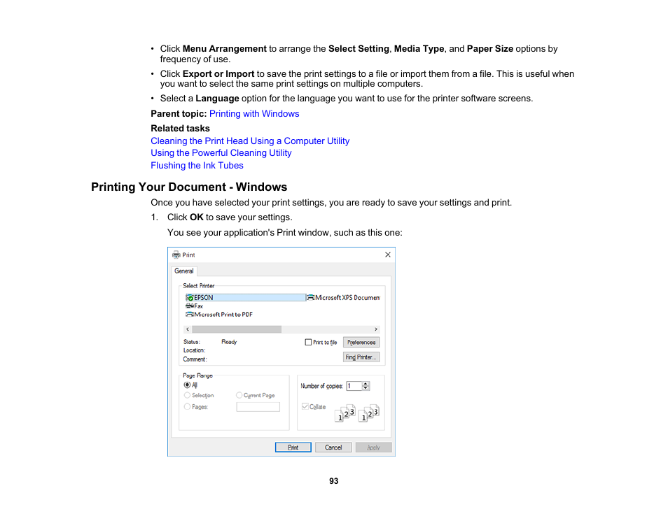 Printing your document - windows | Epson SureColor T3170x 24" Desktop Printer User Manual | Page 93 / 216