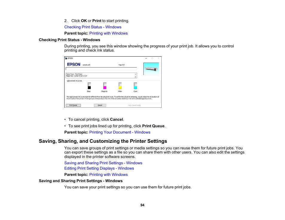 Checking print status - windows, Saving and sharing print settings - windows | Epson SureColor T3170x 24" Desktop Printer User Manual | Page 94 / 216
