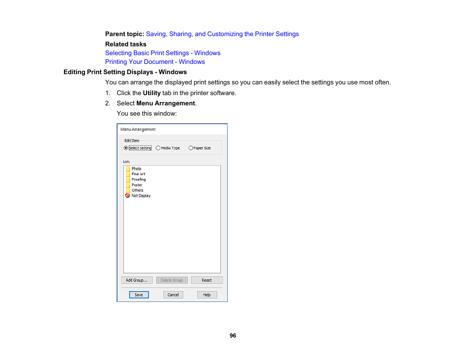 Editing print setting displays - windows | Epson SureColor T3170x 24" Desktop Printer User Manual | Page 96 / 216