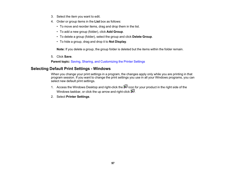 Selecting default print settings - windows | Epson SureColor T3170x 24" Desktop Printer User Manual | Page 97 / 216