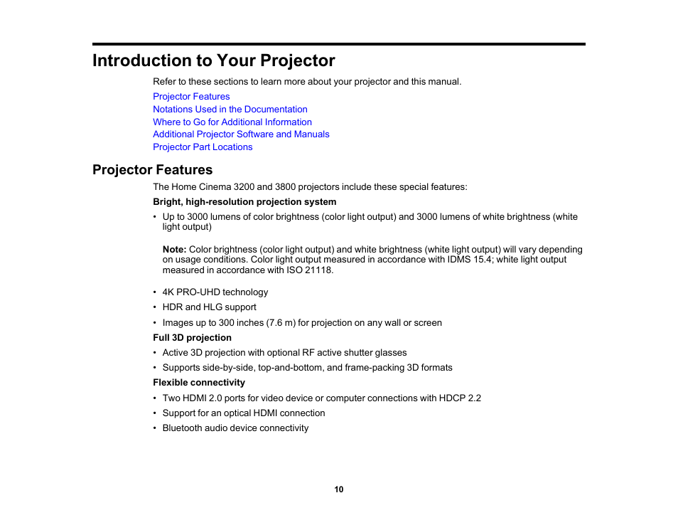 Introduction to your projector, Projector features | Epson Home Cinema 3800 HDR Pixel-Shift 4K UHD 3LCD Home Theater Projector User Manual | Page 10 / 164