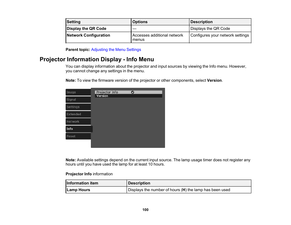 Projector information display - info menu | Epson Home Cinema 3800 HDR Pixel-Shift 4K UHD 3LCD Home Theater Projector User Manual | Page 100 / 164