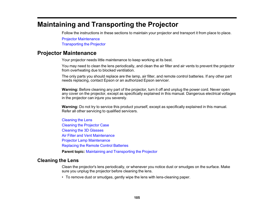 Maintaining and transporting the projector, Projector maintenance, Cleaning the lens | Epson Home Cinema 3800 HDR Pixel-Shift 4K UHD 3LCD Home Theater Projector User Manual | Page 105 / 164