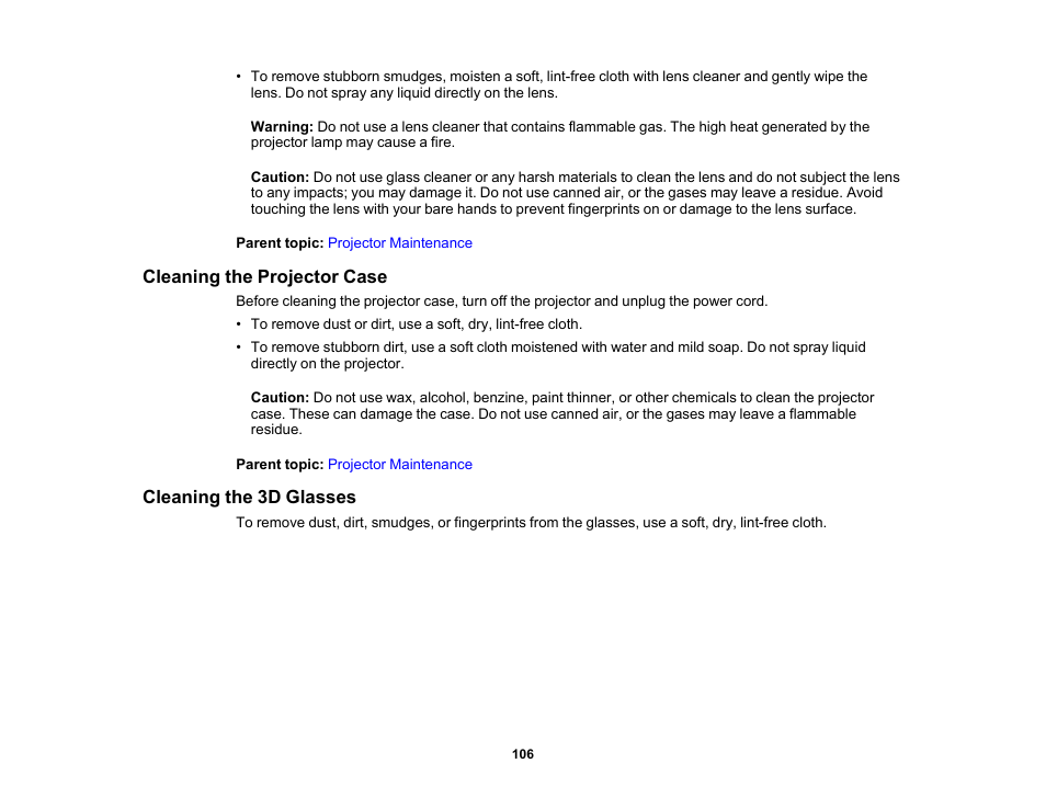 Cleaning the projector case, Cleaning the 3d glasses | Epson Home Cinema 3800 HDR Pixel-Shift 4K UHD 3LCD Home Theater Projector User Manual | Page 106 / 164