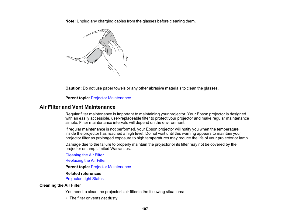 Air filter and vent maintenance, Cleaning the air filter | Epson Home Cinema 3800 HDR Pixel-Shift 4K UHD 3LCD Home Theater Projector User Manual | Page 107 / 164