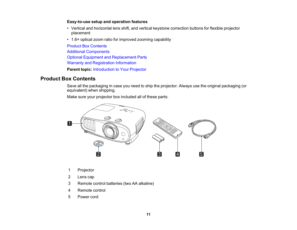 Product box contents | Epson Home Cinema 3800 HDR Pixel-Shift 4K UHD 3LCD Home Theater Projector User Manual | Page 11 / 164