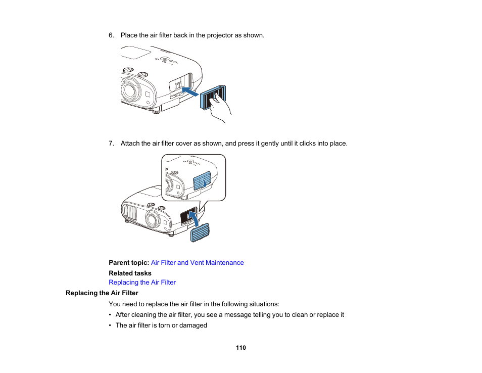 Replacing the air filter | Epson Home Cinema 3800 HDR Pixel-Shift 4K UHD 3LCD Home Theater Projector User Manual | Page 110 / 164