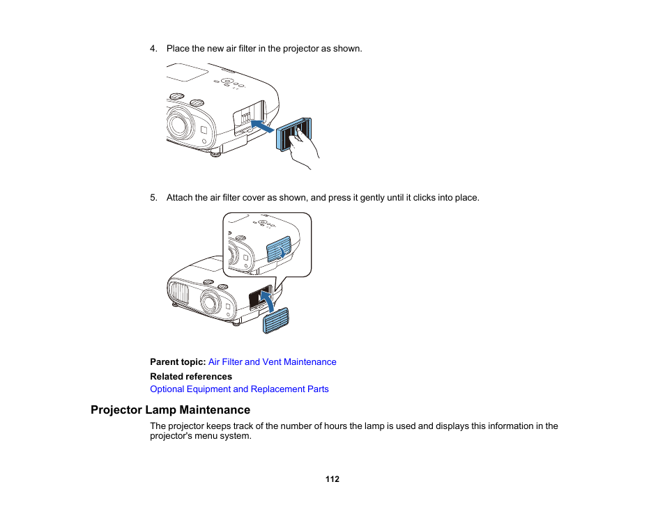 Projector lamp maintenance | Epson Home Cinema 3800 HDR Pixel-Shift 4K UHD 3LCD Home Theater Projector User Manual | Page 112 / 164
