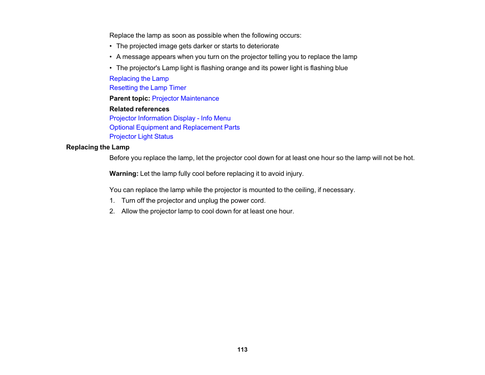 Replacing the lamp | Epson Home Cinema 3800 HDR Pixel-Shift 4K UHD 3LCD Home Theater Projector User Manual | Page 113 / 164