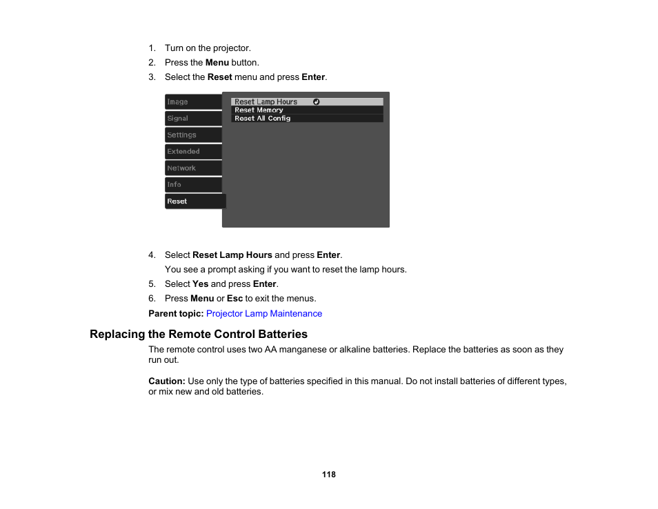 Replacing the remote control batteries | Epson Home Cinema 3800 HDR Pixel-Shift 4K UHD 3LCD Home Theater Projector User Manual | Page 118 / 164
