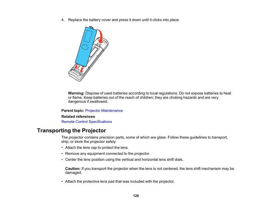 Transporting the projector | Epson Home Cinema 3800 HDR Pixel-Shift 4K UHD 3LCD Home Theater Projector User Manual | Page 120 / 164