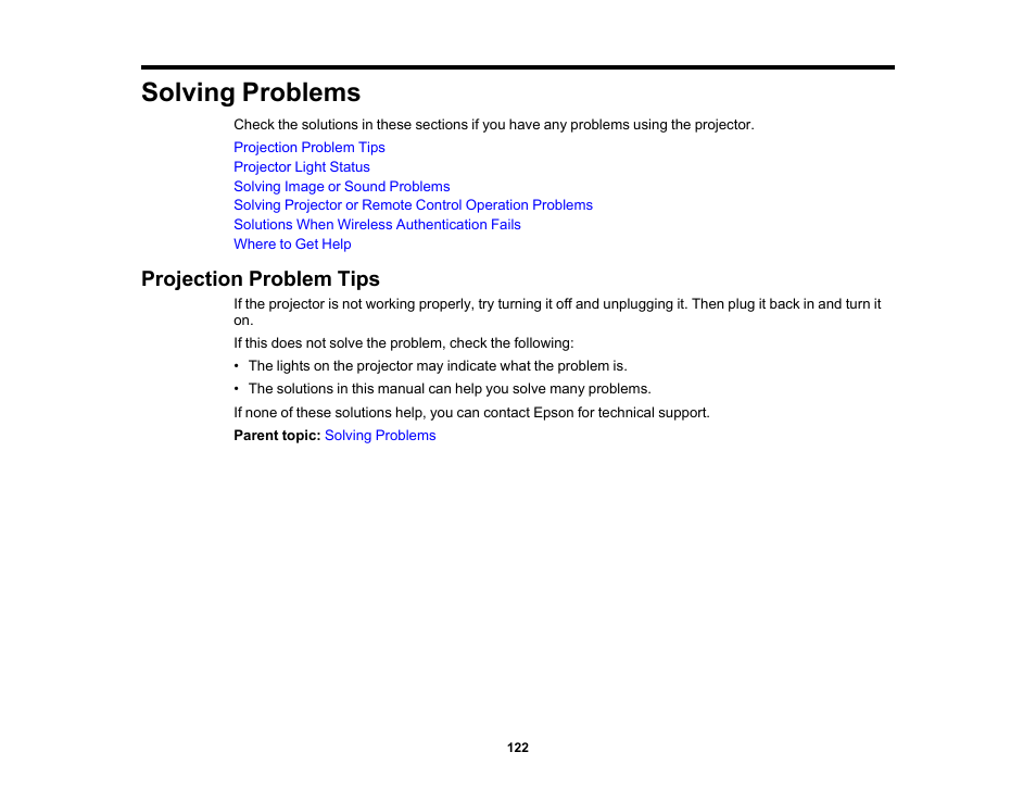 Solving problems, Projection problem tips | Epson Home Cinema 3800 HDR Pixel-Shift 4K UHD 3LCD Home Theater Projector User Manual | Page 122 / 164