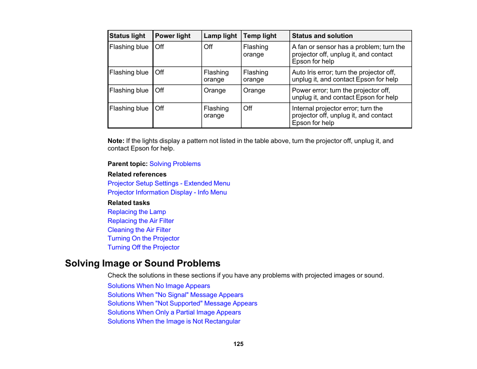 Solving image or sound problems | Epson Home Cinema 3800 HDR Pixel-Shift 4K UHD 3LCD Home Theater Projector User Manual | Page 125 / 164