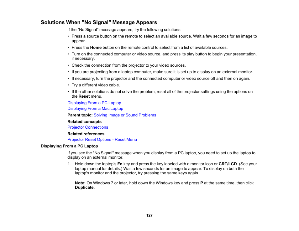 Solutions when "no signal" message appears, Displaying from a pc laptop | Epson Home Cinema 3800 HDR Pixel-Shift 4K UHD 3LCD Home Theater Projector User Manual | Page 127 / 164