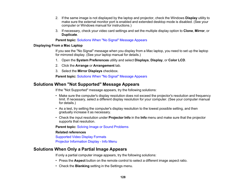 Displaying from a mac laptop, Solutions when "not supported" message appears, Solutions when only a partial image appears | Epson Home Cinema 3800 HDR Pixel-Shift 4K UHD 3LCD Home Theater Projector User Manual | Page 128 / 164