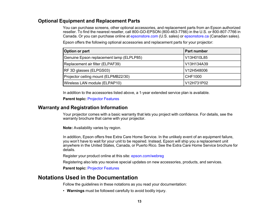Optional equipment and replacement parts, Warranty and registration information, Notations used in the documentation | Epson Home Cinema 3800 HDR Pixel-Shift 4K UHD 3LCD Home Theater Projector User Manual | Page 13 / 164