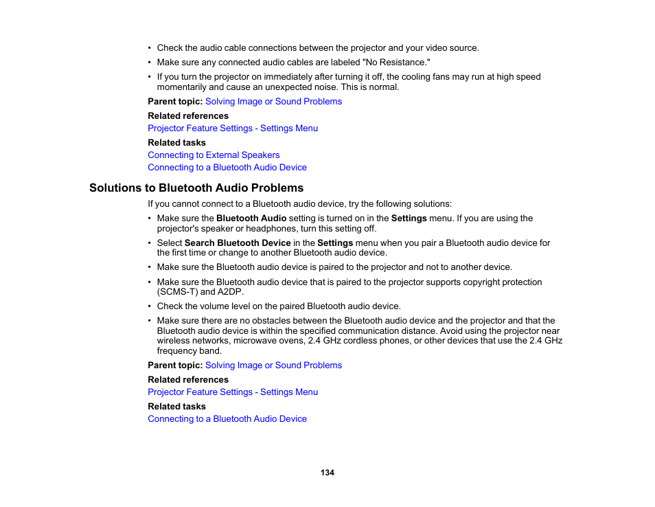 Solutions to bluetooth audio problems | Epson Home Cinema 3800 HDR Pixel-Shift 4K UHD 3LCD Home Theater Projector User Manual | Page 134 / 164