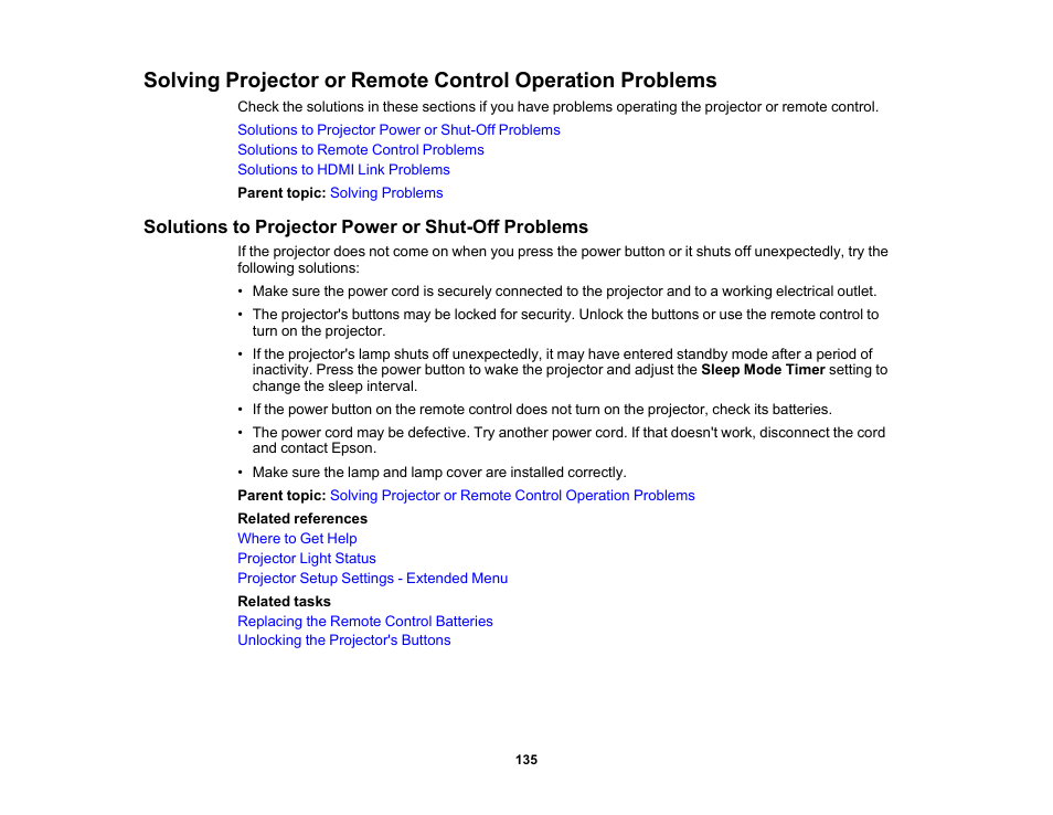 Solutions to projector power or shut-off problems | Epson Home Cinema 3800 HDR Pixel-Shift 4K UHD 3LCD Home Theater Projector User Manual | Page 135 / 164