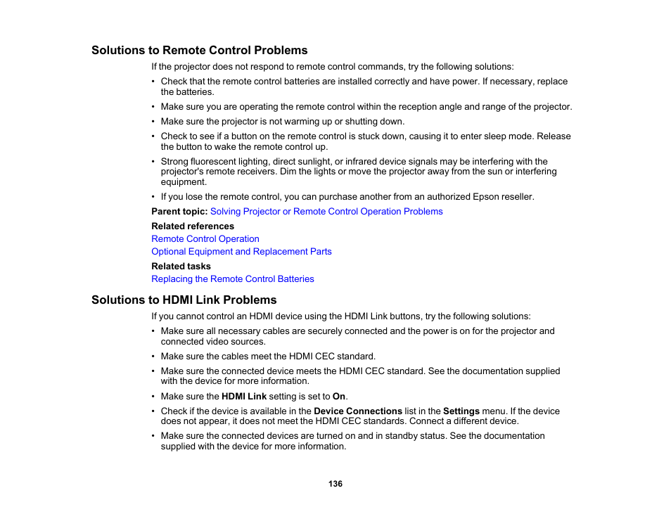 Solutions to remote control problems, Solutions to hdmi link problems | Epson Home Cinema 3800 HDR Pixel-Shift 4K UHD 3LCD Home Theater Projector User Manual | Page 136 / 164