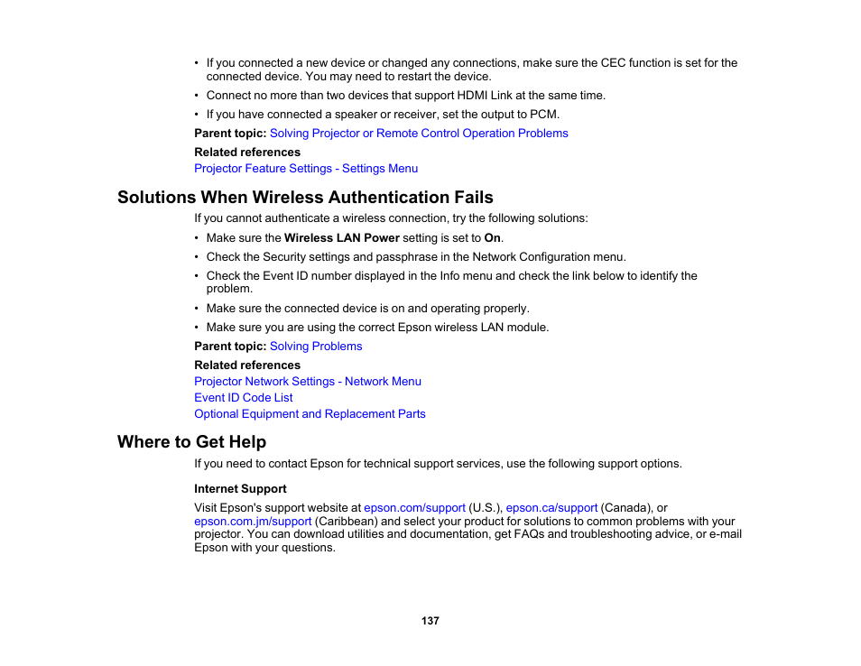Solutions when wireless authentication fails, Where to get help | Epson Home Cinema 3800 HDR Pixel-Shift 4K UHD 3LCD Home Theater Projector User Manual | Page 137 / 164