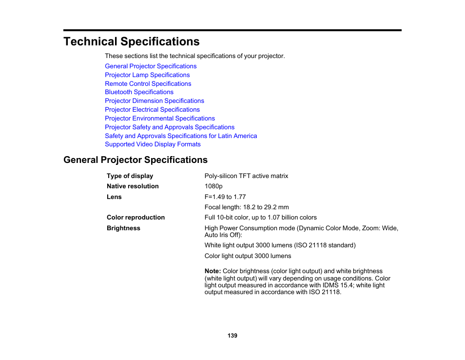 Technical specifications, General projector specifications | Epson Home Cinema 3800 HDR Pixel-Shift 4K UHD 3LCD Home Theater Projector User Manual | Page 139 / 164