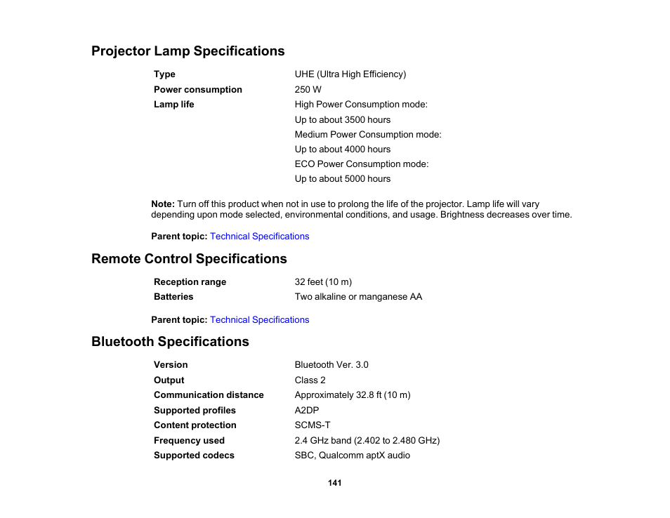 Projector lamp specifications, Remote control specifications, Bluetooth specifications | Epson Home Cinema 3800 HDR Pixel-Shift 4K UHD 3LCD Home Theater Projector User Manual | Page 141 / 164