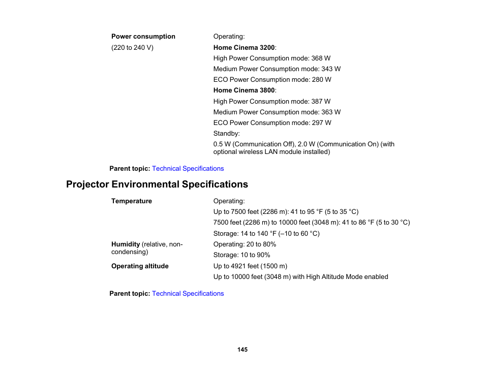 Projector environmental specifications | Epson Home Cinema 3800 HDR Pixel-Shift 4K UHD 3LCD Home Theater Projector User Manual | Page 145 / 164