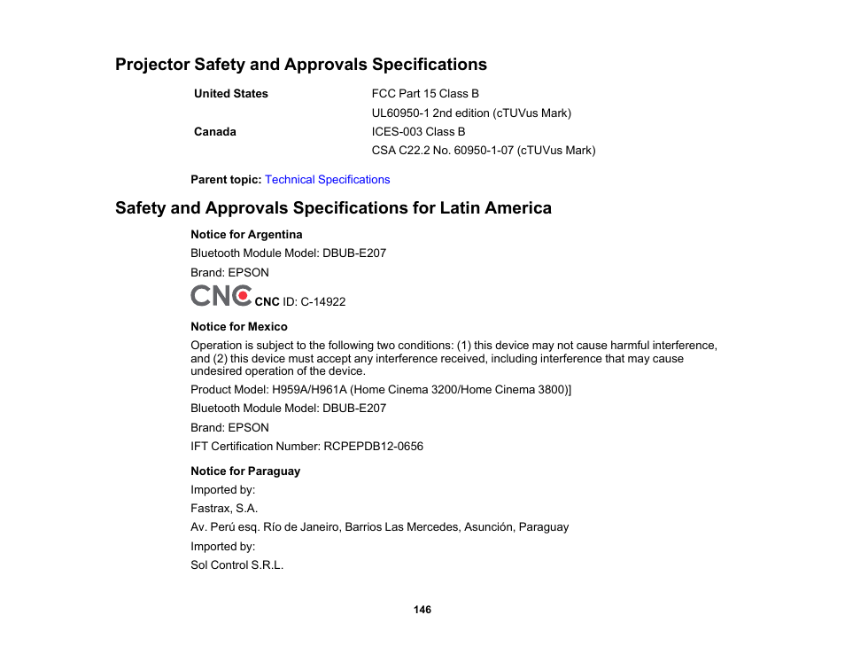 Projector safety and approvals specifications | Epson Home Cinema 3800 HDR Pixel-Shift 4K UHD 3LCD Home Theater Projector User Manual | Page 146 / 164