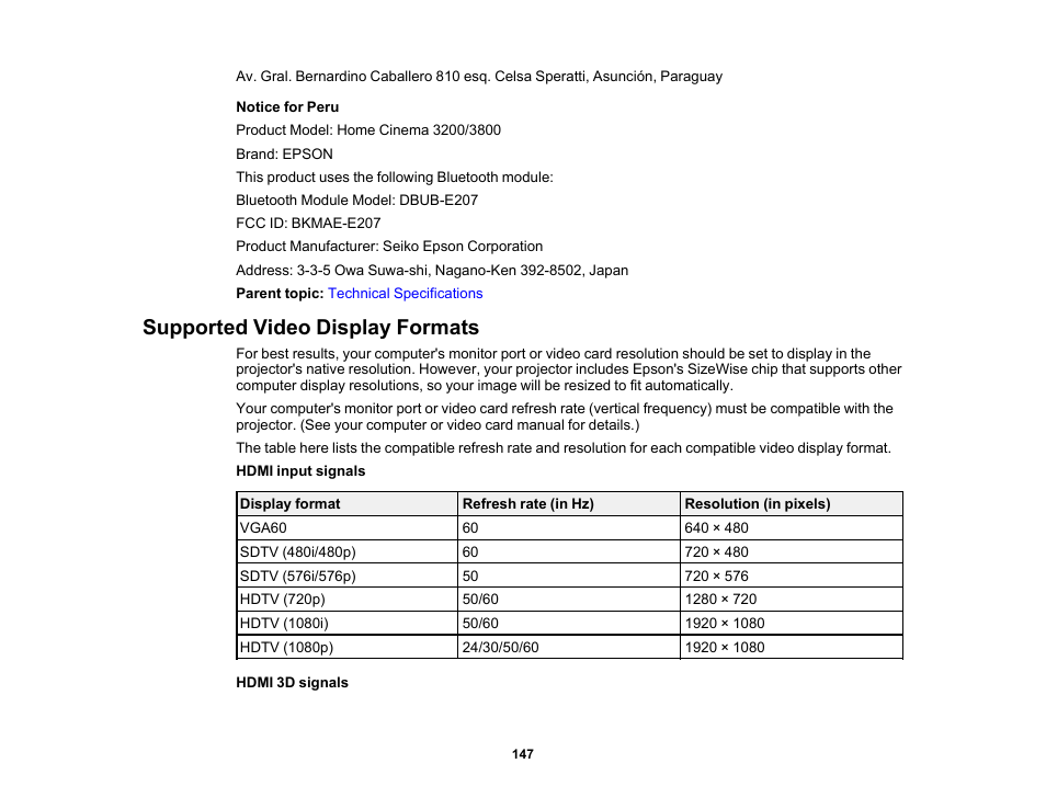 Supported video display formats | Epson Home Cinema 3800 HDR Pixel-Shift 4K UHD 3LCD Home Theater Projector User Manual | Page 147 / 164