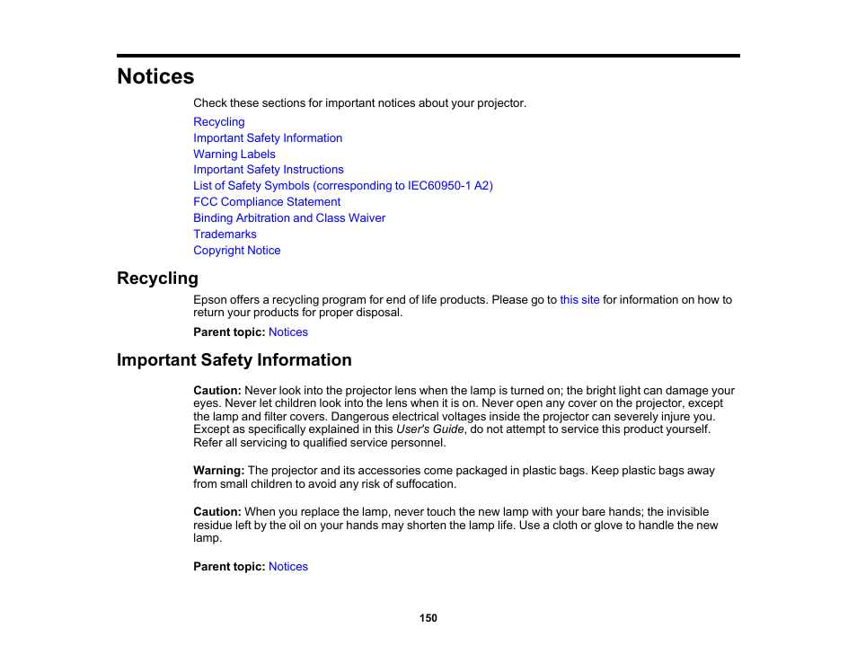 Notices, Recycling, Important safety information | Recycling important safety information | Epson Home Cinema 3800 HDR Pixel-Shift 4K UHD 3LCD Home Theater Projector User Manual | Page 150 / 164