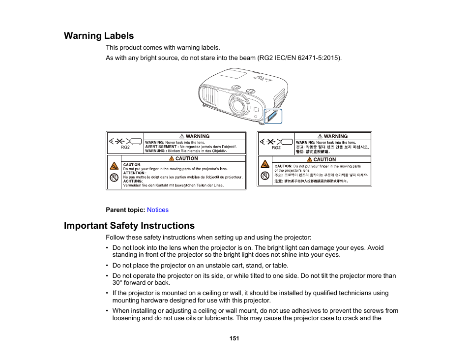 Warning labels, Important safety instructions, Warning labels important safety instructions | Epson Home Cinema 3800 HDR Pixel-Shift 4K UHD 3LCD Home Theater Projector User Manual | Page 151 / 164