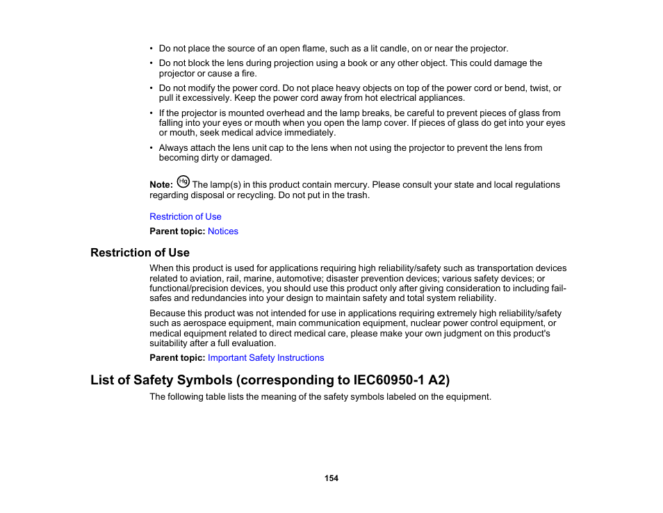 Restriction of use | Epson Home Cinema 3800 HDR Pixel-Shift 4K UHD 3LCD Home Theater Projector User Manual | Page 154 / 164