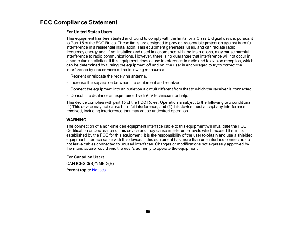 Fcc compliance statement | Epson Home Cinema 3800 HDR Pixel-Shift 4K UHD 3LCD Home Theater Projector User Manual | Page 159 / 164
