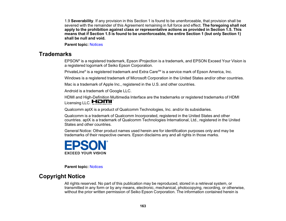 Trademarks, Copyright notice, Trademarks copyright notice | Epson Home Cinema 3800 HDR Pixel-Shift 4K UHD 3LCD Home Theater Projector User Manual | Page 163 / 164