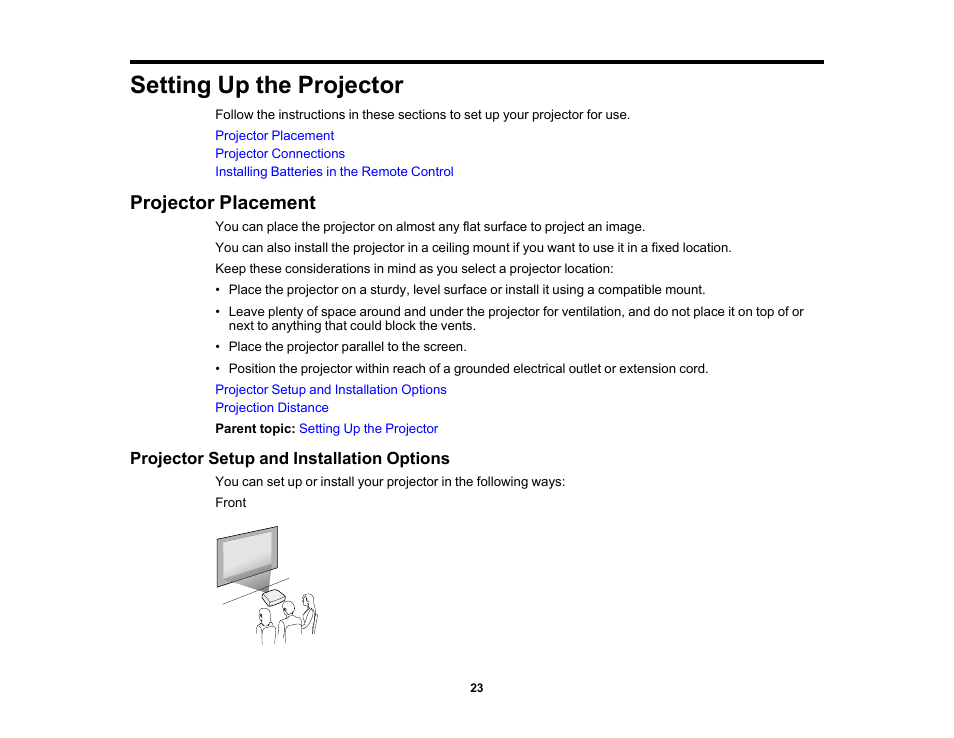 Setting up the projector, Projector placement, Projector setup and installation options | Epson Home Cinema 3800 HDR Pixel-Shift 4K UHD 3LCD Home Theater Projector User Manual | Page 23 / 164
