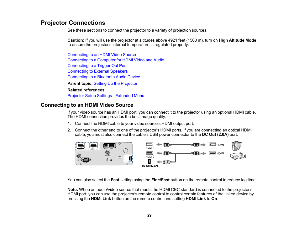 Projector connections, Connecting to an hdmi video source | Epson Home Cinema 3800 HDR Pixel-Shift 4K UHD 3LCD Home Theater Projector User Manual | Page 29 / 164