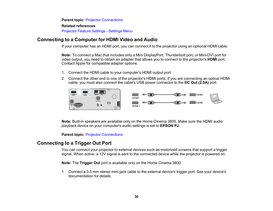 Connecting to a computer for hdmi video and audio, Connecting to a trigger out port | Epson Home Cinema 3800 HDR Pixel-Shift 4K UHD 3LCD Home Theater Projector User Manual | Page 30 / 164