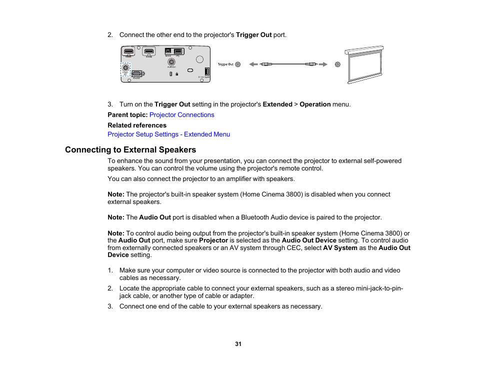 Connecting to external speakers | Epson Home Cinema 3800 HDR Pixel-Shift 4K UHD 3LCD Home Theater Projector User Manual | Page 31 / 164