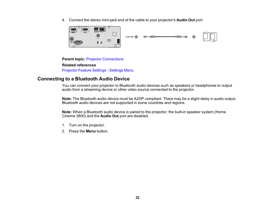 Connecting to a bluetooth audio device | Epson Home Cinema 3800 HDR Pixel-Shift 4K UHD 3LCD Home Theater Projector User Manual | Page 32 / 164