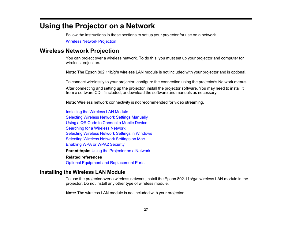 Using the projector on a network, Wireless network projection, Installing the wireless lan module | Epson Home Cinema 3800 HDR Pixel-Shift 4K UHD 3LCD Home Theater Projector User Manual | Page 37 / 164