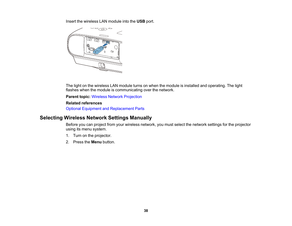 Selecting wireless network settings manually | Epson Home Cinema 3800 HDR Pixel-Shift 4K UHD 3LCD Home Theater Projector User Manual | Page 38 / 164