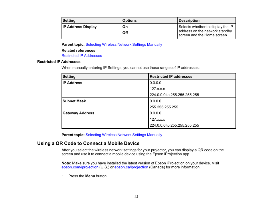 Restricted ip addresses, Using a qr code to connect a mobile device | Epson Home Cinema 3800 HDR Pixel-Shift 4K UHD 3LCD Home Theater Projector User Manual | Page 42 / 164