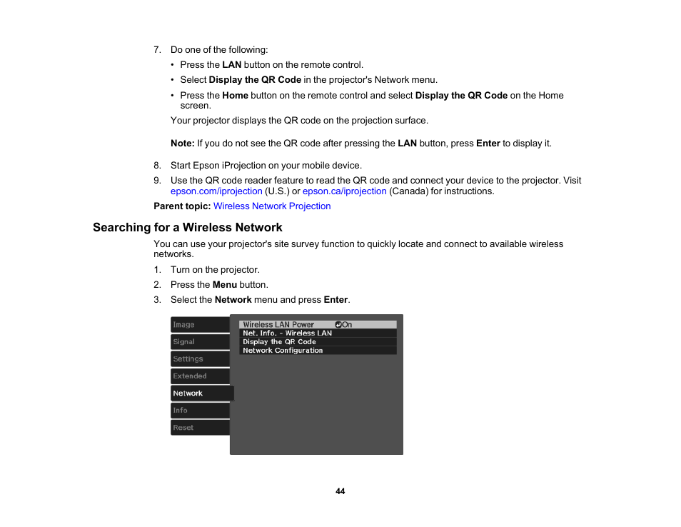 Searching for a wireless network | Epson Home Cinema 3800 HDR Pixel-Shift 4K UHD 3LCD Home Theater Projector User Manual | Page 44 / 164