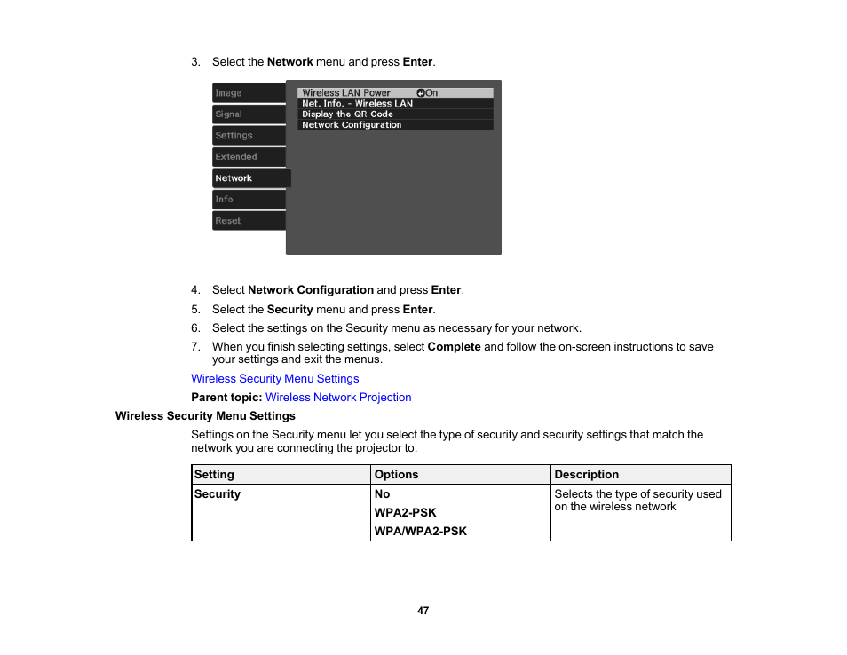 Wireless security menu settings | Epson Home Cinema 3800 HDR Pixel-Shift 4K UHD 3LCD Home Theater Projector User Manual | Page 47 / 164