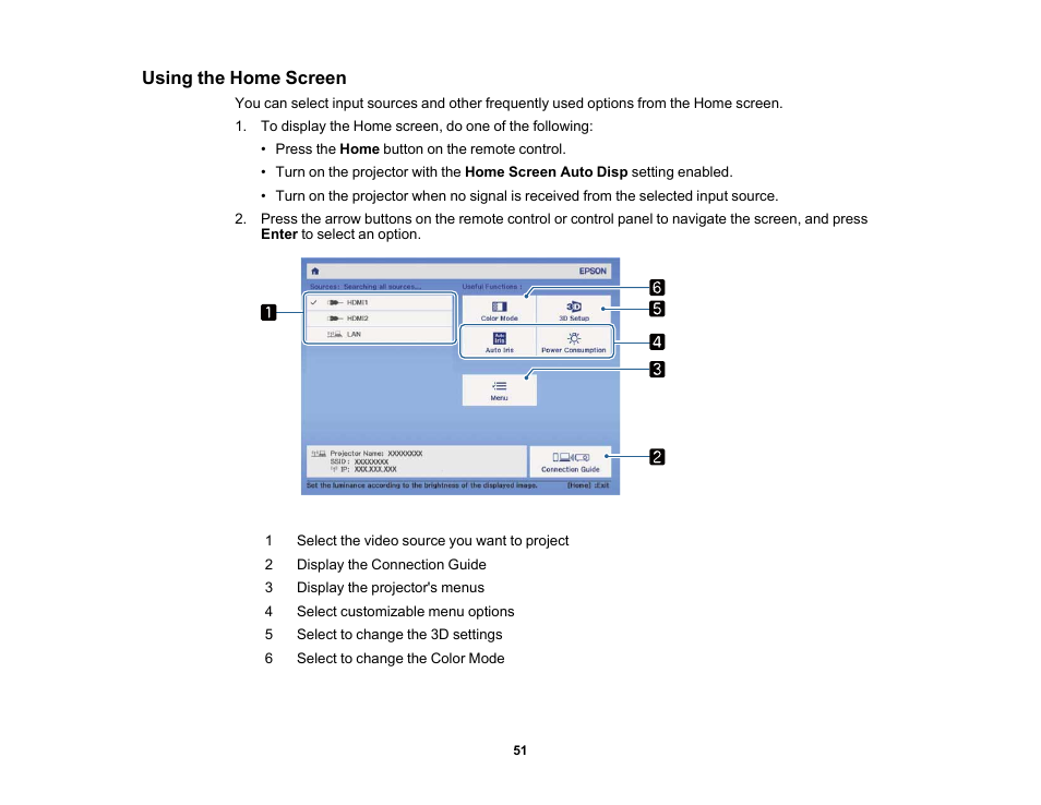 Using the home screen | Epson Home Cinema 3800 HDR Pixel-Shift 4K UHD 3LCD Home Theater Projector User Manual | Page 51 / 164