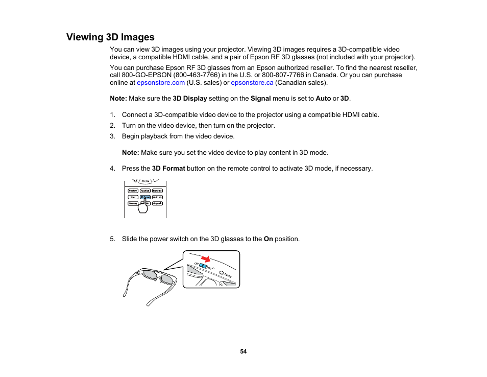 Viewing 3d images | Epson Home Cinema 3800 HDR Pixel-Shift 4K UHD 3LCD Home Theater Projector User Manual | Page 54 / 164